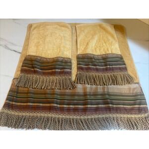 Vintage Croscill Carrington Aqua‎ Cotton Gold Fringe Trimmed Bath Towel Set Of 3